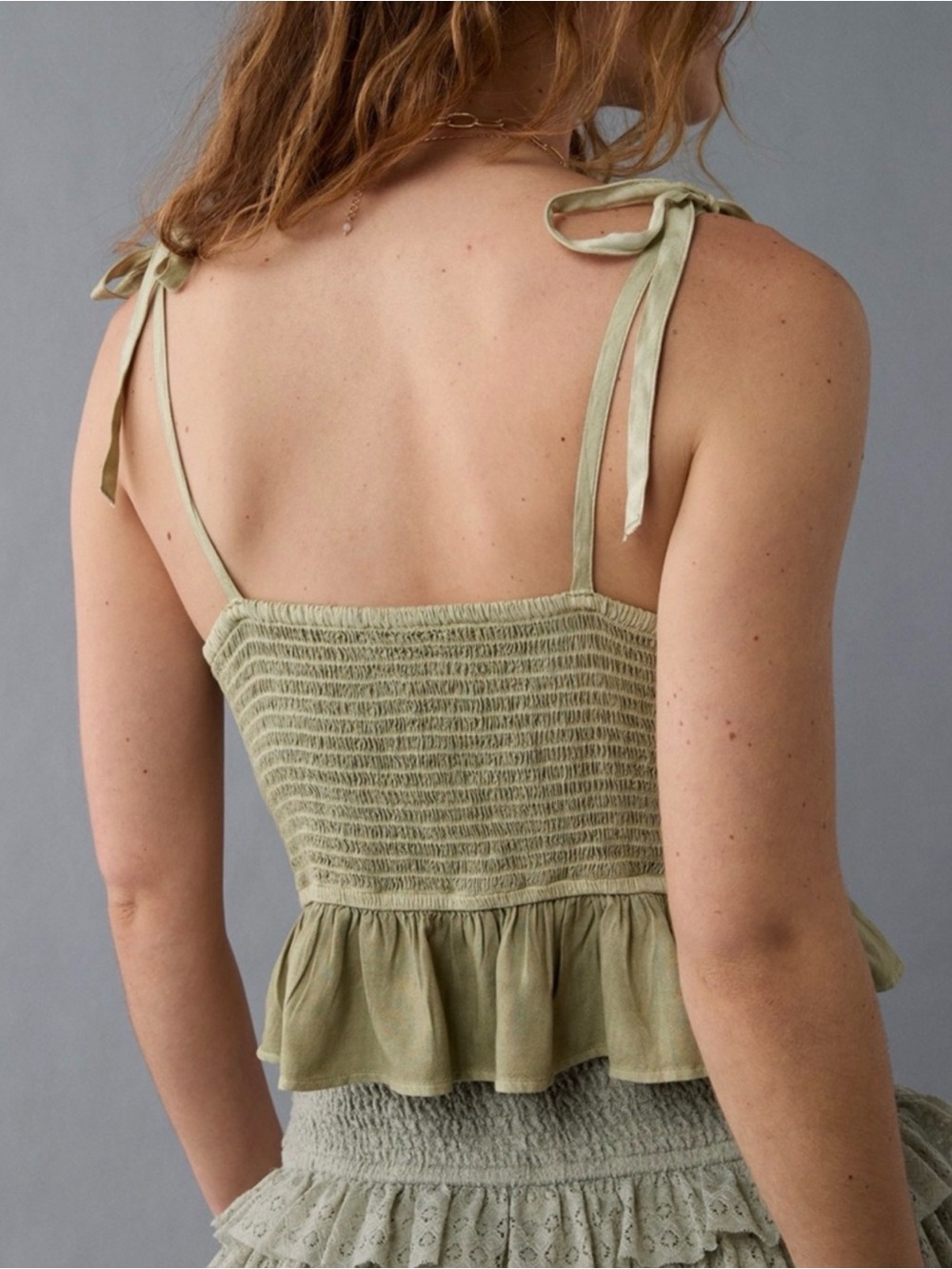 American Eagle Olive Green Peplum Cami Top Tie Shoulders Size S Like New - Picture 3 of 5